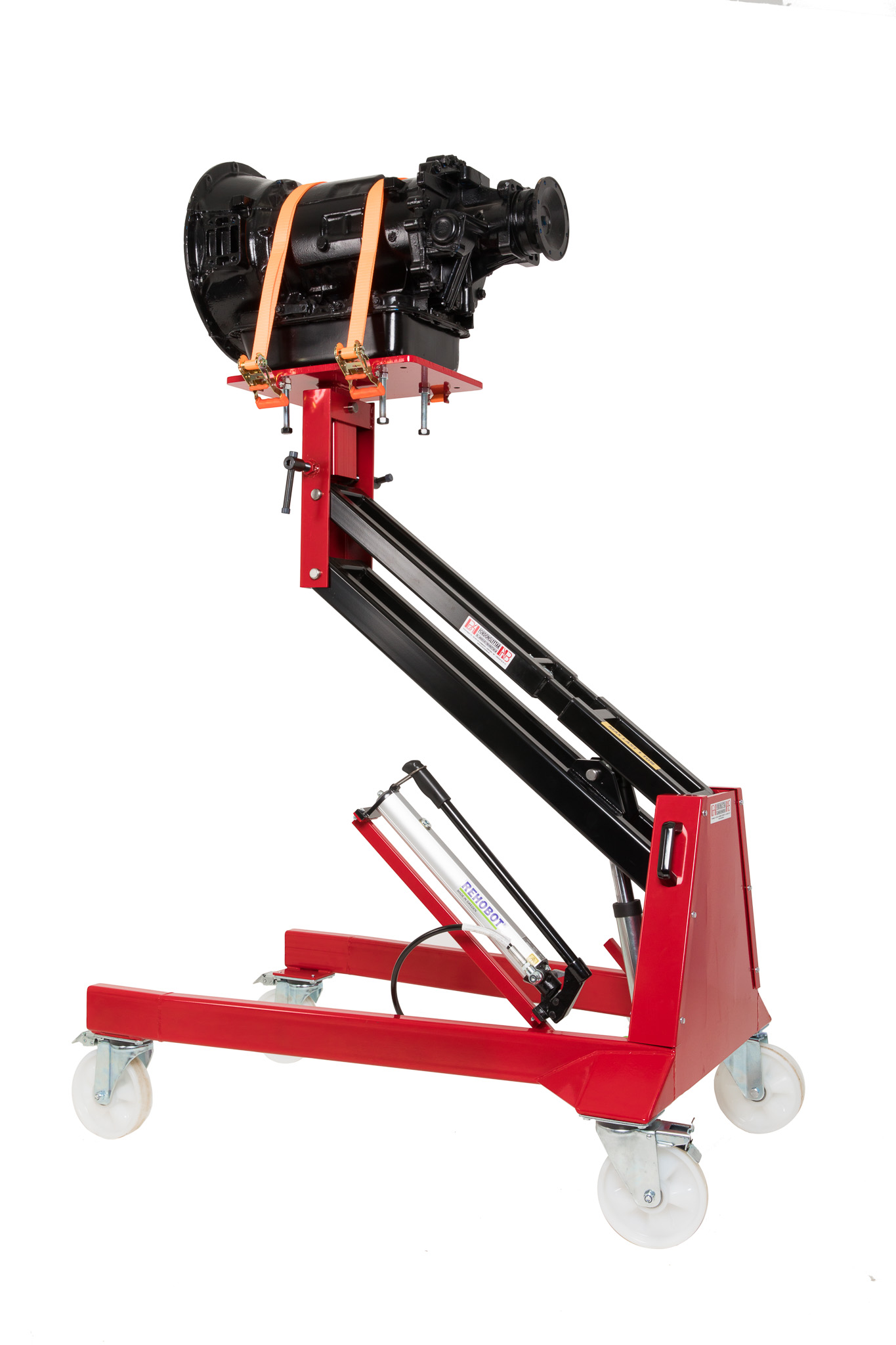 Tukeva vaihteistonostin kallistuslevyllä, jonka avulla vaihteiston saa käännettyä eri kulmiin. Nostokyky: 1 000 kg Minimikorkeus: 640 mm Maksimikorkeus: 1 840 mm