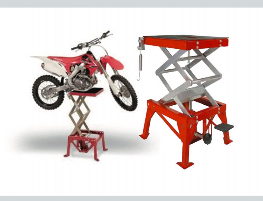 Erittäin käytännöllinen hydraulinen moottoripyöränostin skoottereille ja motocross-moottoripyörille. kantavuus: 135 kg vähimmäiskorkeus: 340 mm