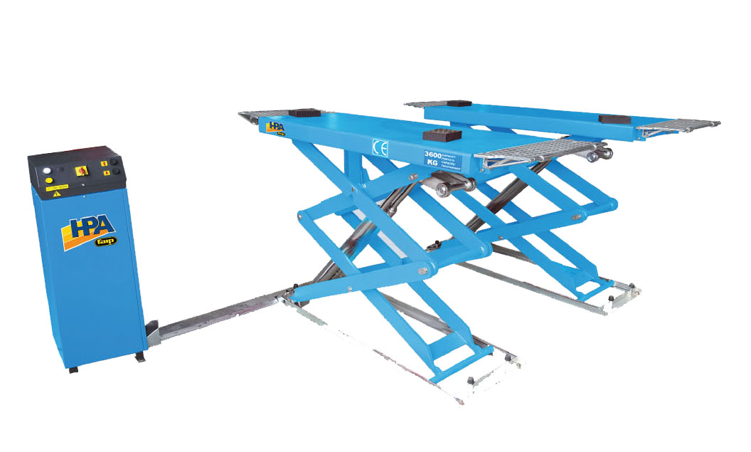 Helmasta nostava sähköhydraulinen saksinostin, joka nostaa jopa 3200 kiloa! Saksinostin on mahdollista myös upottaa lattiaan.