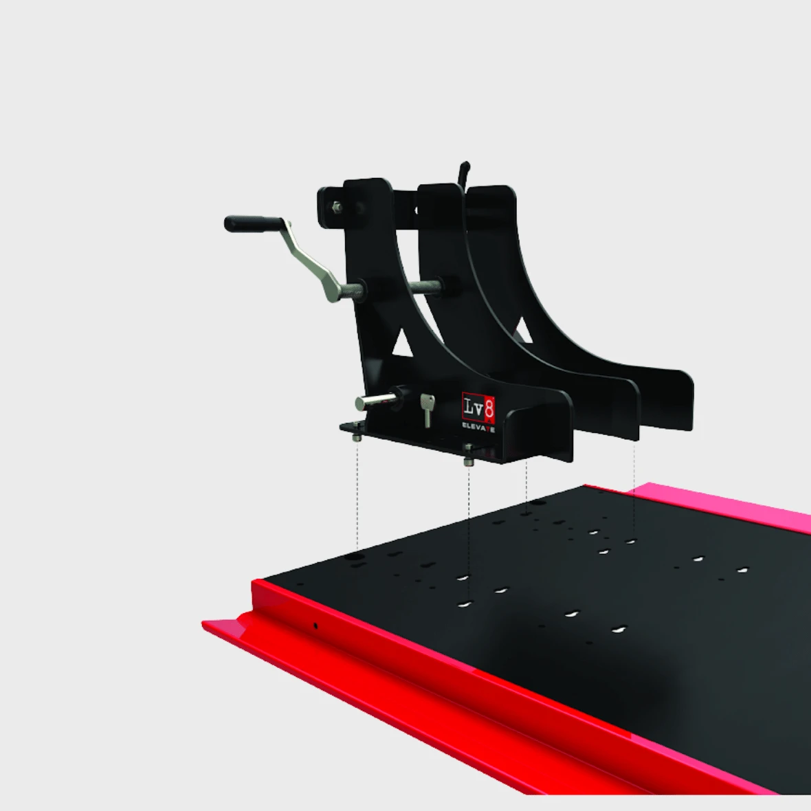 LV8 Moottoripyöränostimiin lisävarusteeksi myytävä asennussarja pyöränkiinnikkeille.